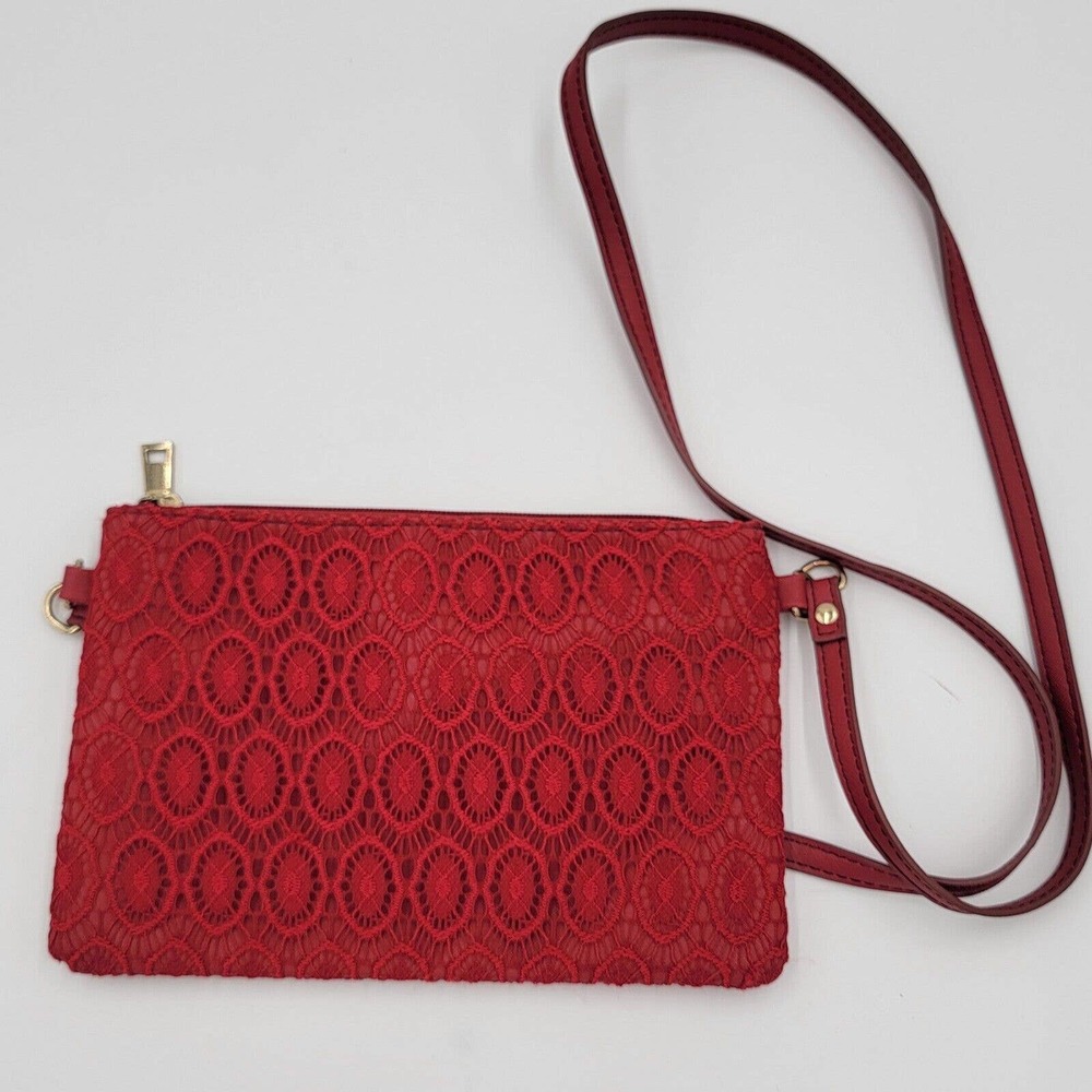 Dark Red Classy Crochet Lace Crossbody Handbag Gold Zipper Lined 7"×10"